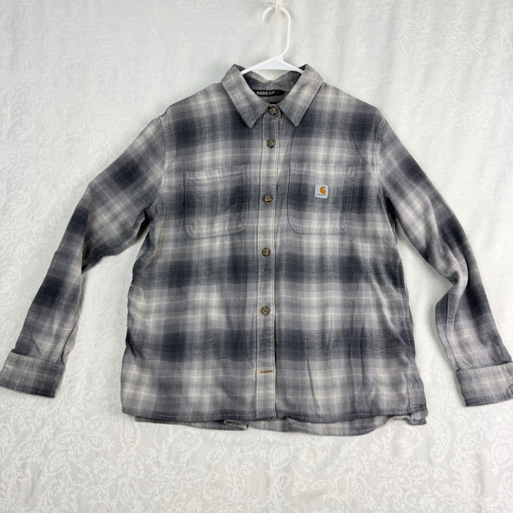 Carhartt Womens M Gray Plaid Rugged Flex Flannel Shirt Loose Gorpcore Utility